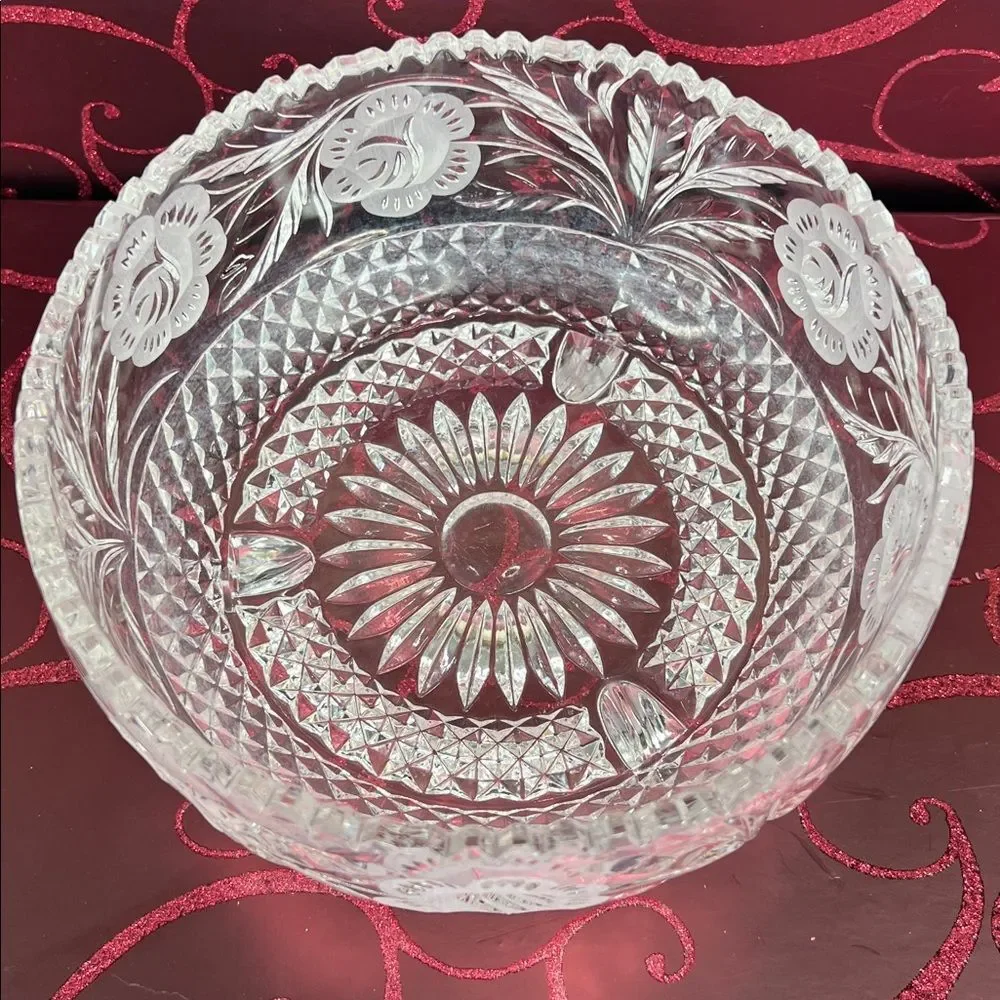 Vintage Cut Crystal Glass Footed Bowl Etched Flower on Sides Very Heavy